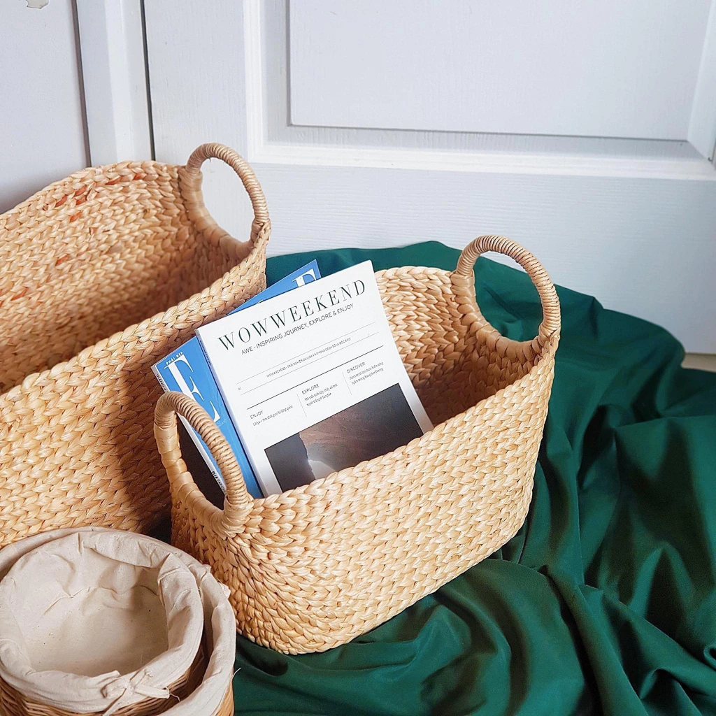 ウォーターヒヤシンス製 オーバル型多機能収納バスケット 取っ手付き (フレームなし) Size M 36x24x22cm