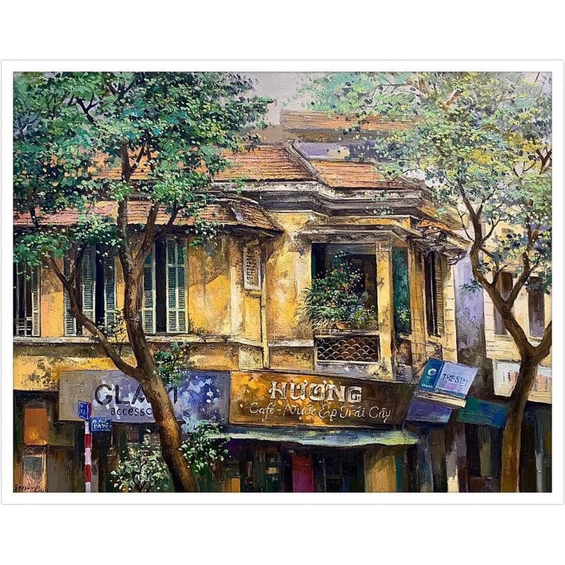 絵画 古い町並みのカフェ