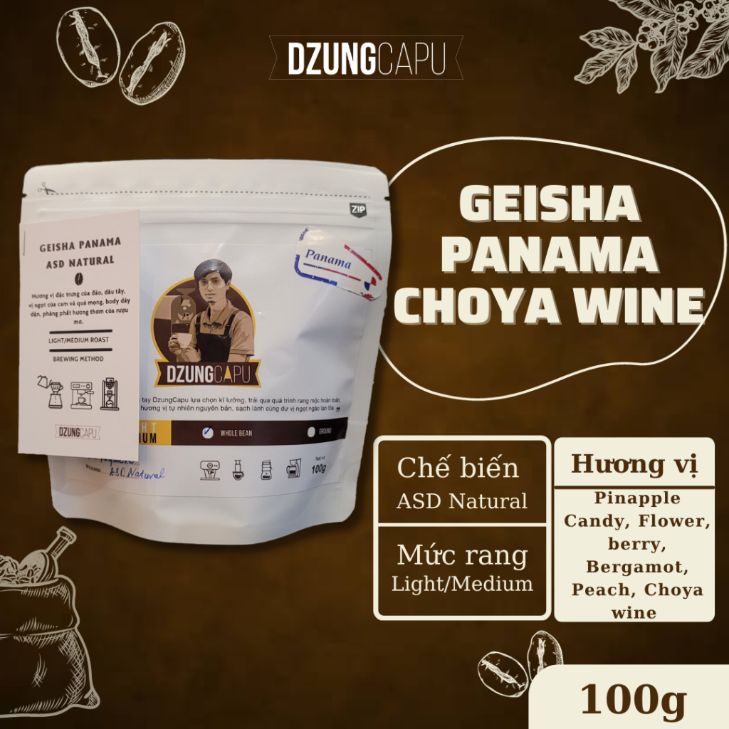 パナマ ゲイシャ コーヒー - Garrido - ナチュラル プロセス - 100g パック - DzungCapu スペシャルティ コーヒー - 浅煎り - 全豆