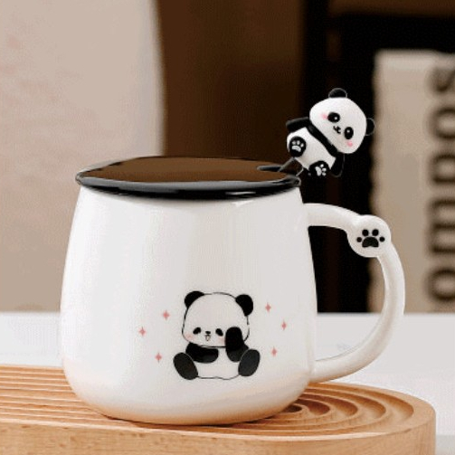 QDECOR QDECOR Cốc Ly Sứ Gấu Trúc Panda Trắng Đen Biểu Cảm Dễ Thương Nắp Thìa 300ml QDECOR