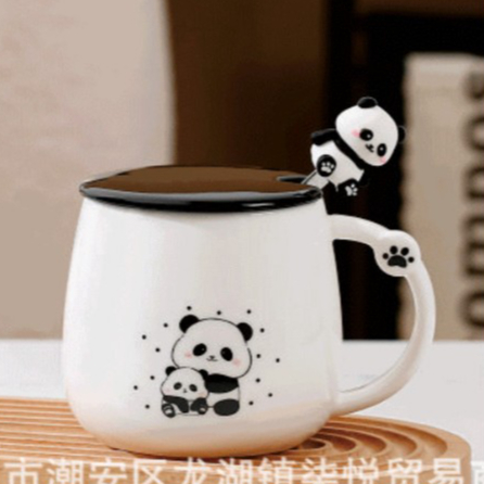 QDECOR QDECOR Cốc Ly Sứ Gấu Trúc Panda Trắng Đen Biểu Cảm Dễ Thương Nắp Thìa 350ml QDECOR