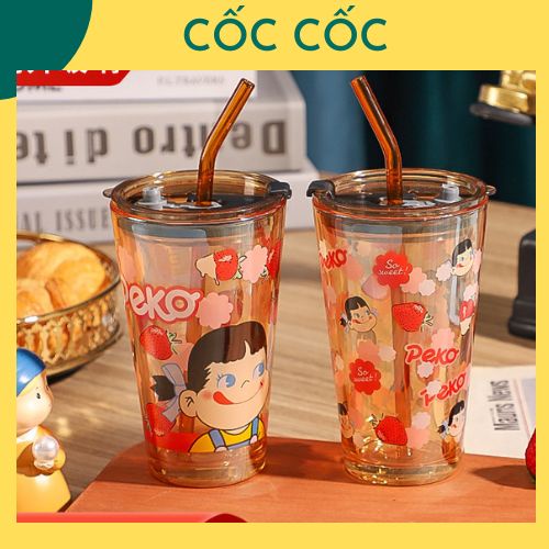 PEKO COC COC COC Glass Water Bottle 450mlのかわいストロー、水、コーヒー、毎日の使用、ギフトを含む - モデル2