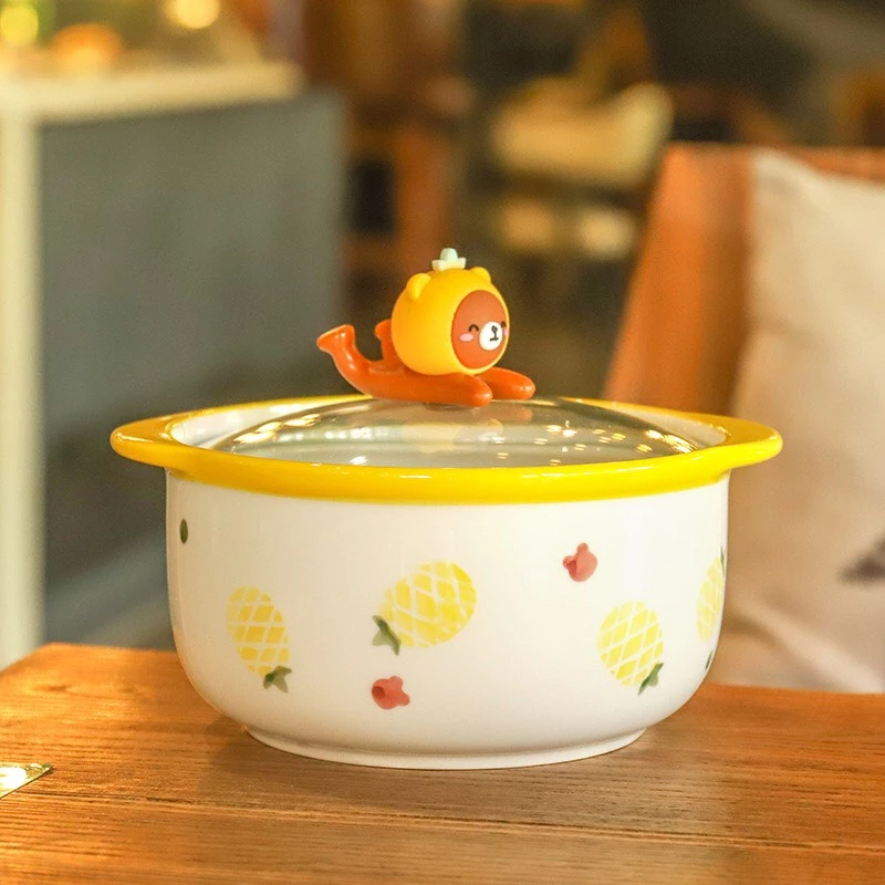 パイナップルくまデザイン蓋付き陶器ボウル - スープ・ご飯・麺に最適