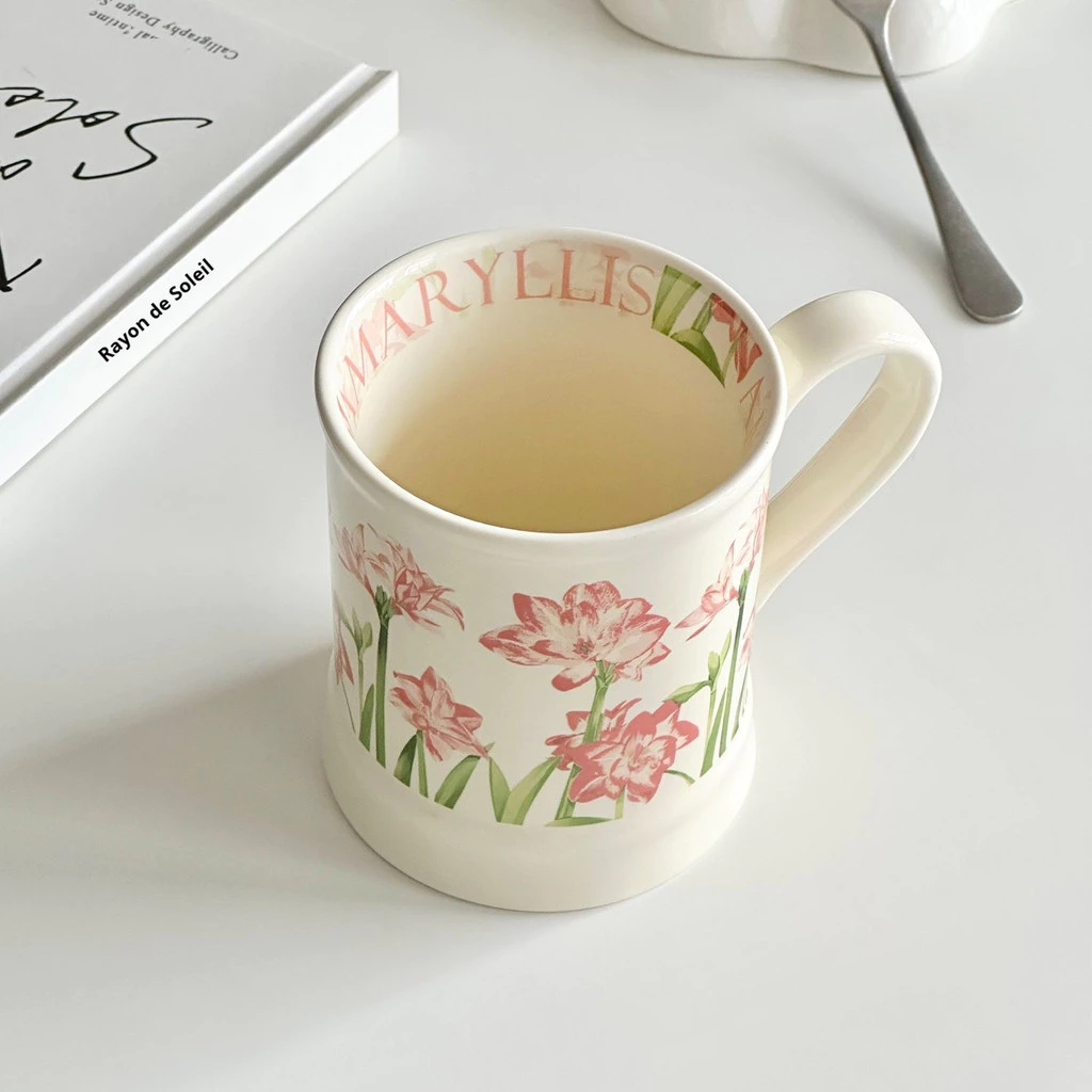 ピンクユリ柄セラミックマグカップ 350ml - 大容量でオフィスやご家庭のコーヒータイムに最適