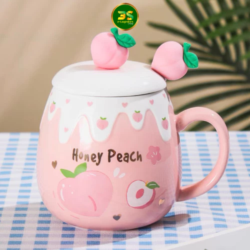 桃柄セラミックマグカップ 400ml 蓋＆スプーン付き - 縁起の良い桃の福カップ