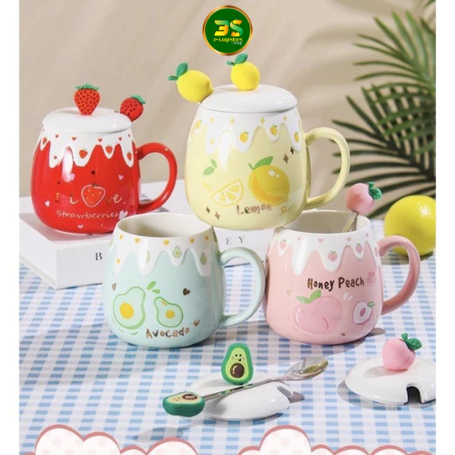 桃柄セラミックマグカップ 400ml 蓋＆スプーン付き - 縁起の良い桃の福カップ