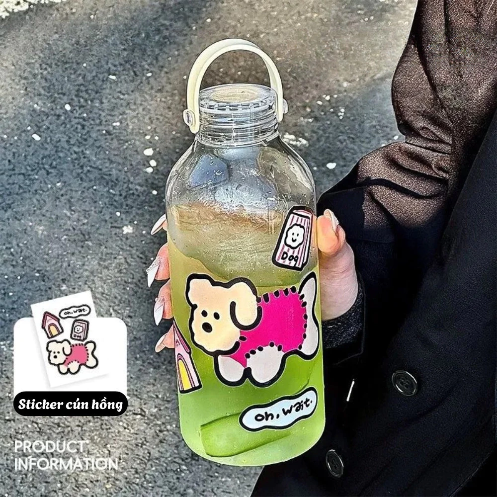 「ピンクの子犬」デザイン！透明ステッカー付き1Lウォーターボトル（持ち手付き）通学・通勤に便利