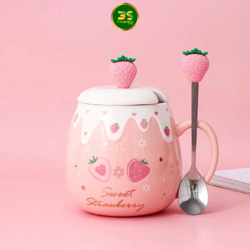 ピンクいちご柄陶器マグカップ 400ml 蓋・可愛いスプーン付き