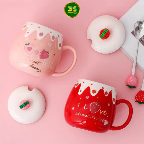 ピンクいちご柄陶器マグカップ 400ml 蓋・可愛いスプーン付き