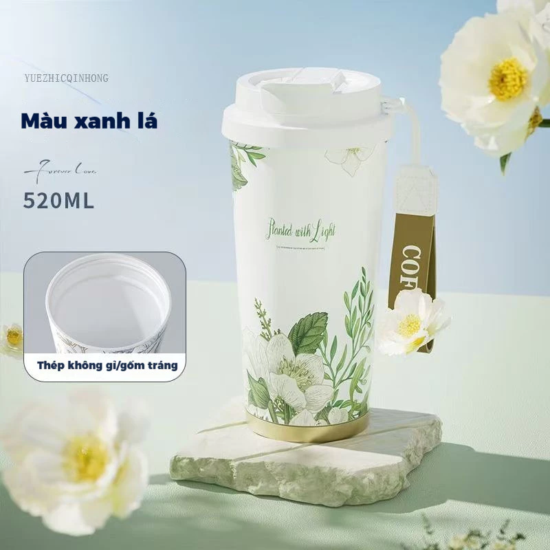 304ステンレス製セラミックコーティング保温タンブラー（グリーン）プレミアムストロー付き