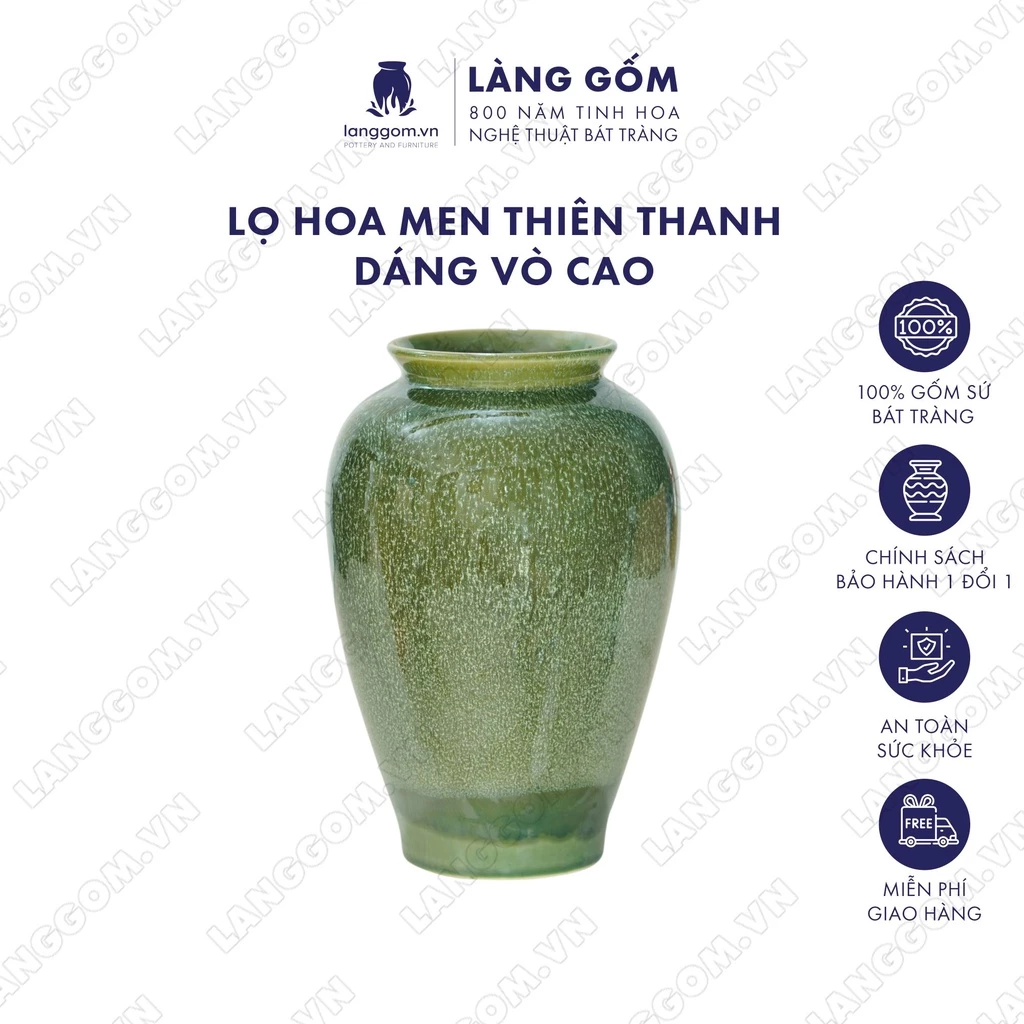 バッチャン焼 高級窯変釉花瓶 『天青色 甕型』 - ギフト・インテリアに | Làng Gốm