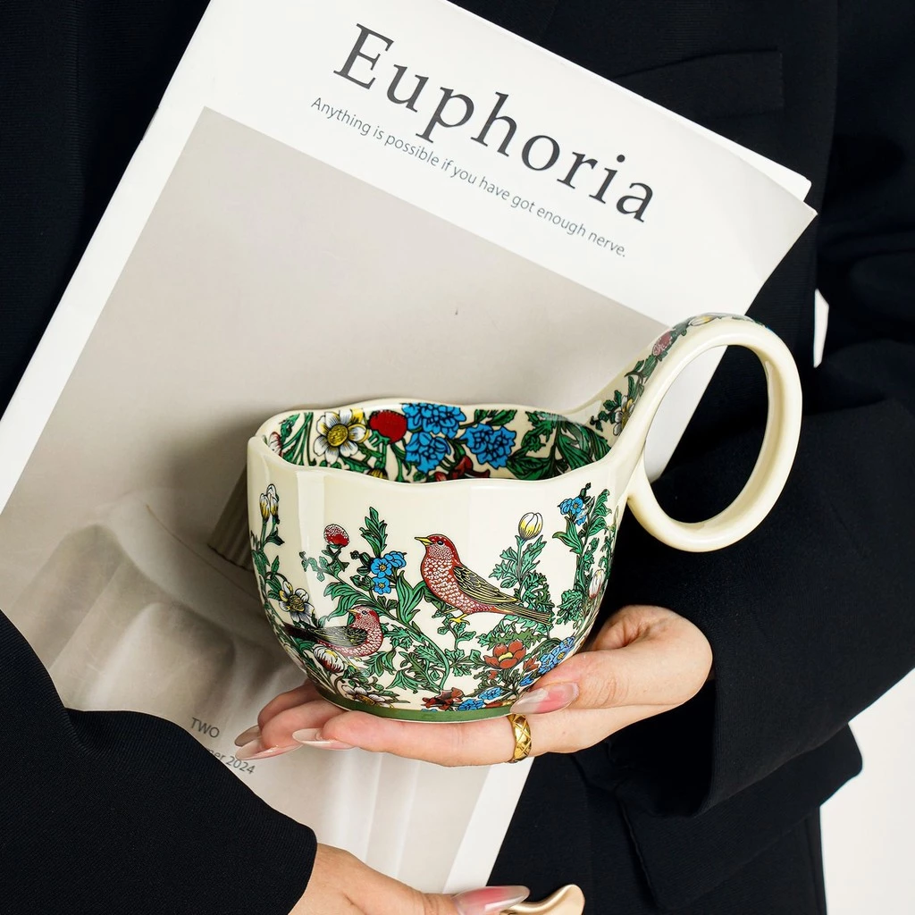 高級ボーンチャイナマグカップ 400ml 大容量 花鳥画アンティーク風 オフィス・家庭用プレゼント