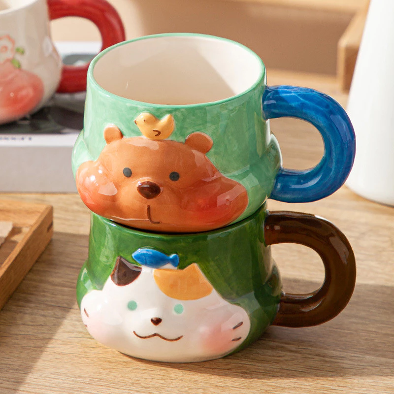 高級三毛猫デザインセラミックマグカップ - 招き猫モチーフ オフィスギフト ペアプレゼント コーヒー お土産 縁起物