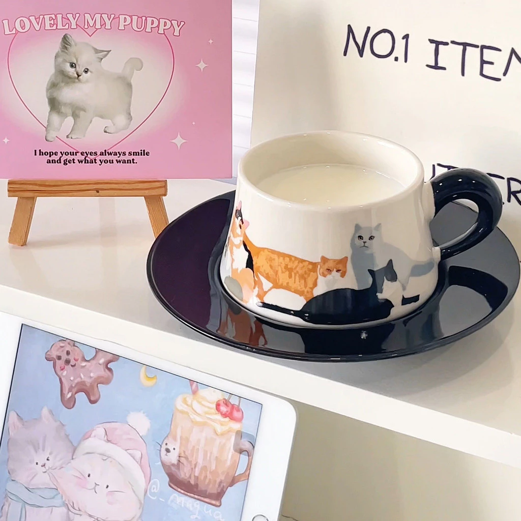 猫型高級セラミックコーヒーカップ＆ソーサーセット - エレガントなティータイムを演出