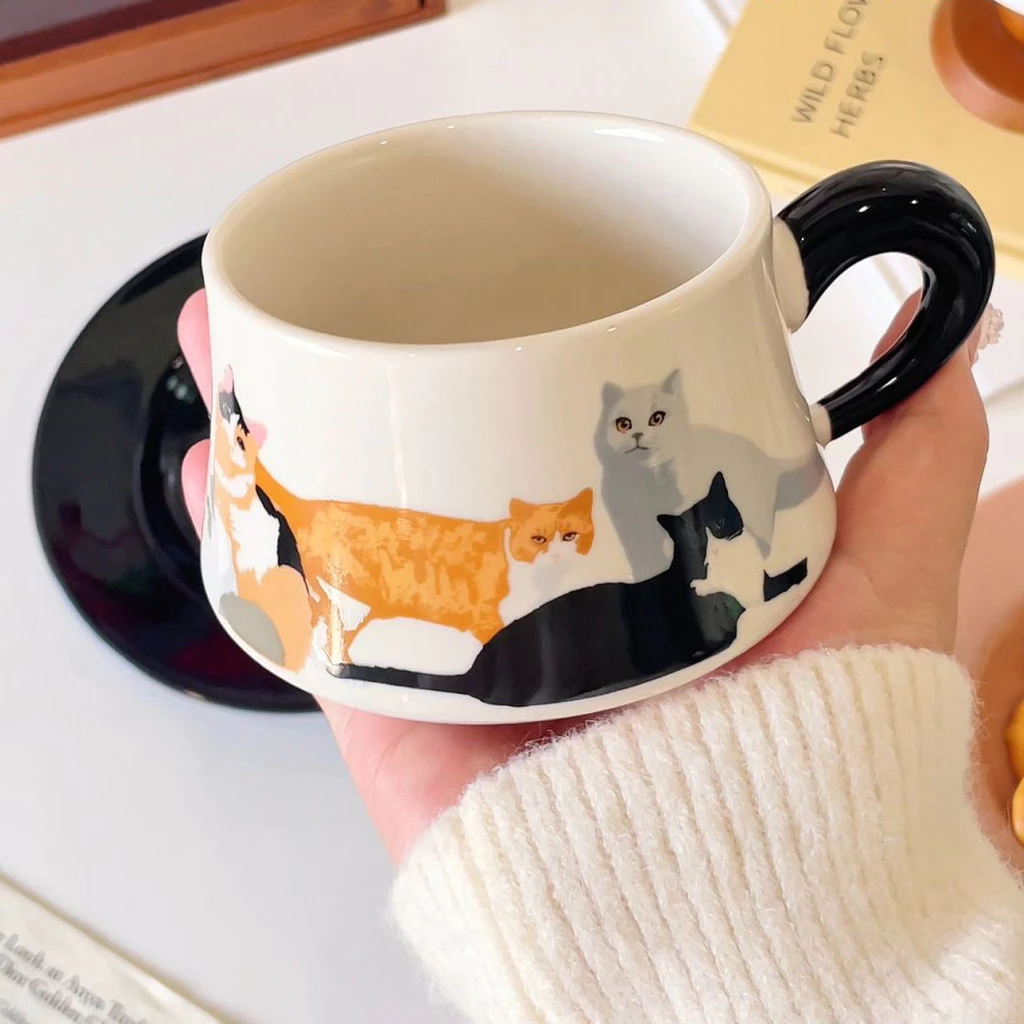 猫型高級セラミックコーヒーカップ＆ソーサーセット - エレガントなティータイムを演出