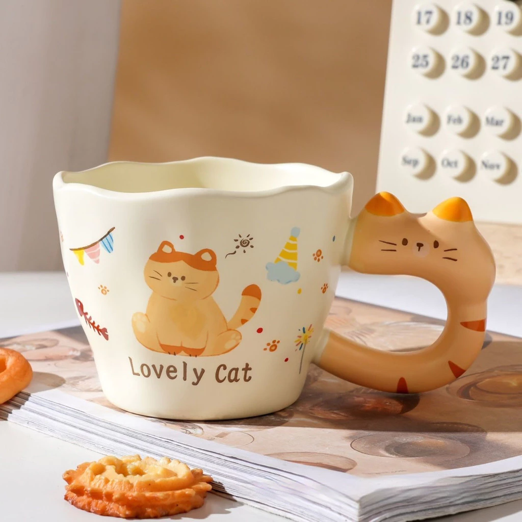 高級猫型陶器マグカップ Cタイプ – 彫刻デザイン 誕生日プレゼント・カップル記念品に
