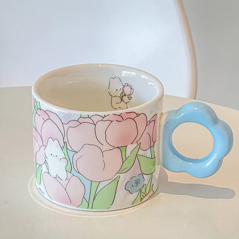 高級セラミックマグ Candy Cup - 青い春の花柄&可愛い花形ハンドル付きティーカップ/コーヒーカップ