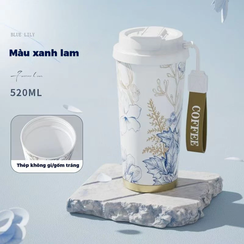 セラミック加工 ステンレス製 保温タンブラー ブルー 高級ストロー付き