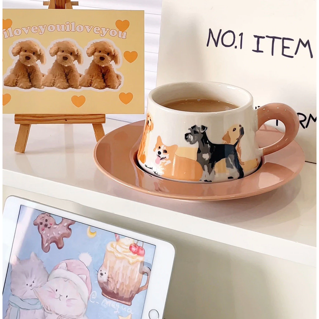 高級犬デザイン磁器コーヒーカップ＆エレガントティーソーサーセット