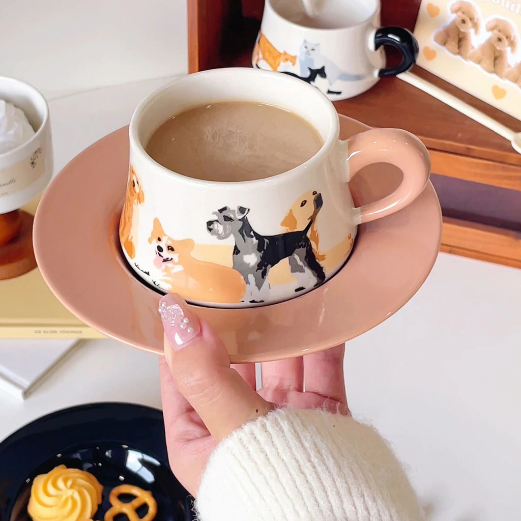 高級犬デザイン磁器コーヒーカップ＆エレガントティーソーサーセット