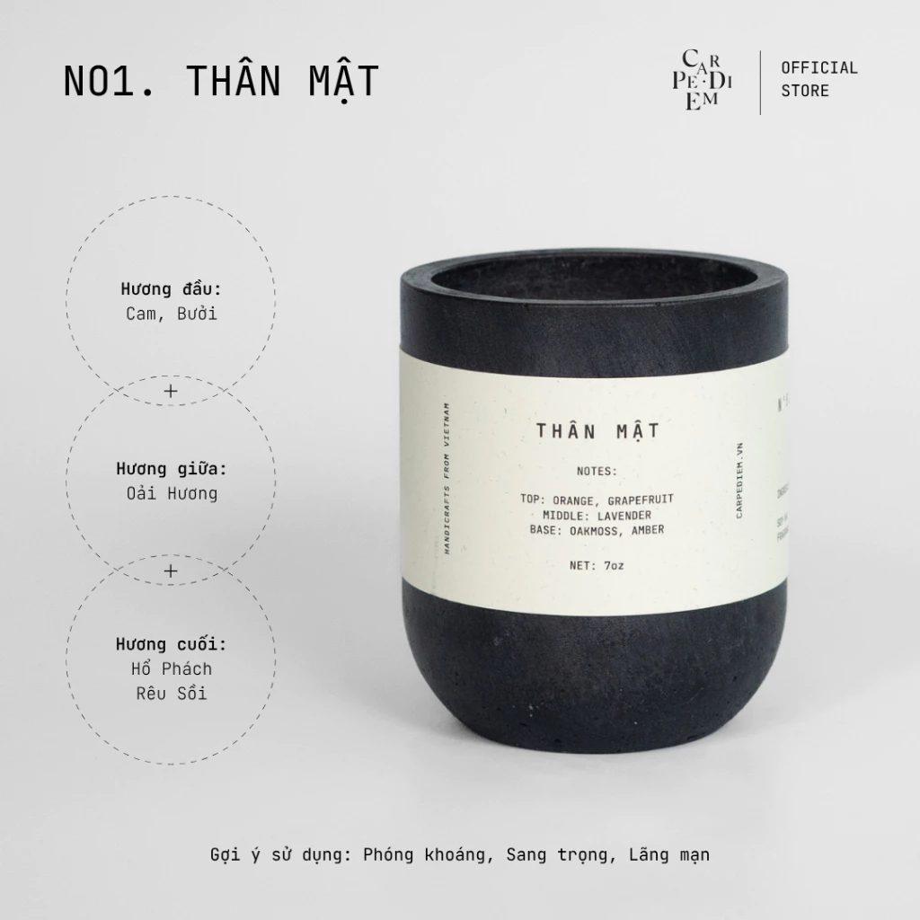 高級手作りアロマキャンドル「カルペ・ディエム」セメントポット入り – 親密な香り – 上品なギフトに