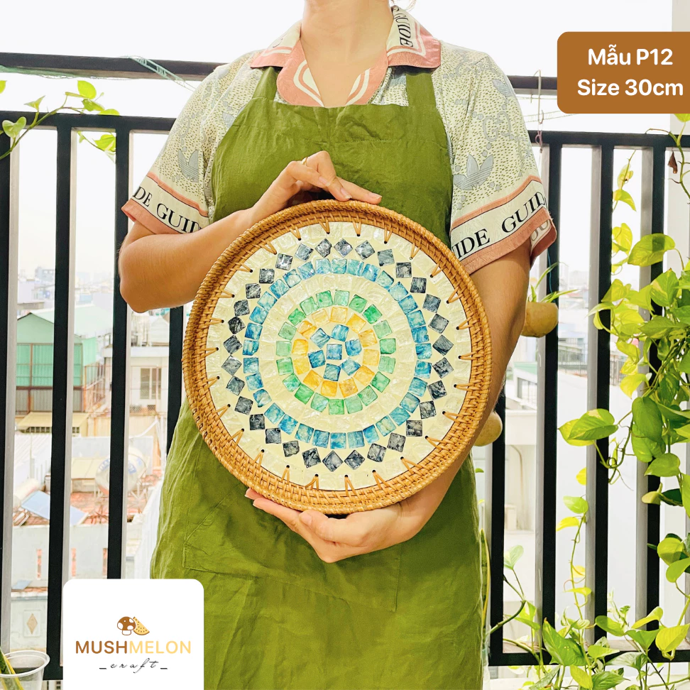 手作り高級ラタントレイ（真珠貝象嵌）P12 直径30cm – ギフト・装飾・お茶菓子・フルーツに最適