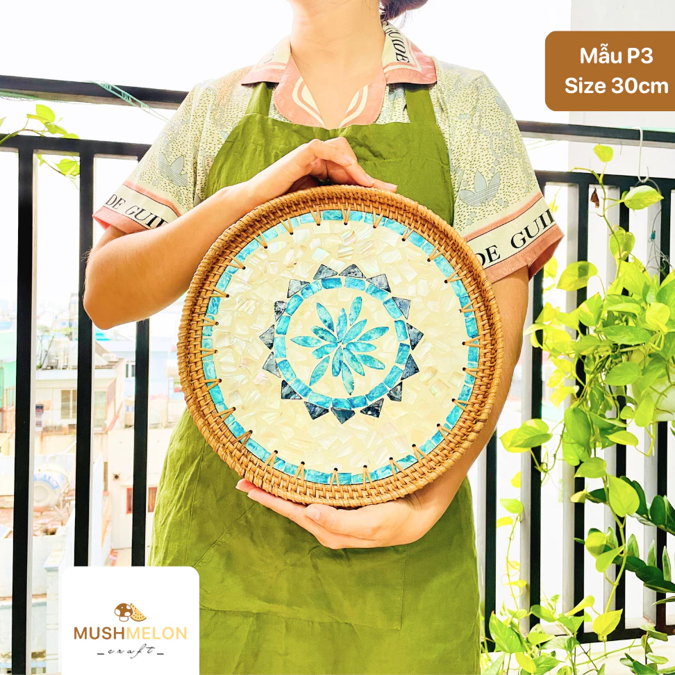 手編みラタン真珠貝象嵌トレイ P3 (30cm) - 高級手作り、ギフト・インテリア装飾・茶菓子・フルーツに最適