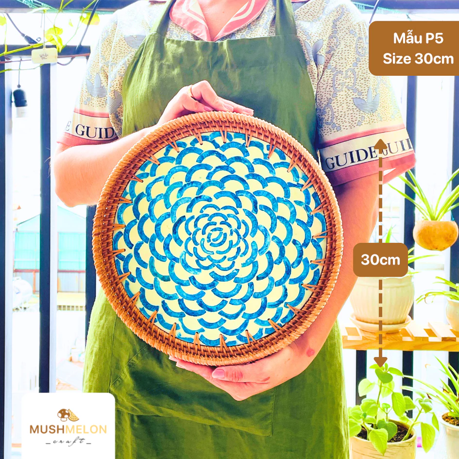 高級手作り ベトナム雑貨 籐製マザーオブパール象嵌丸型トレイ P5 (30cm)