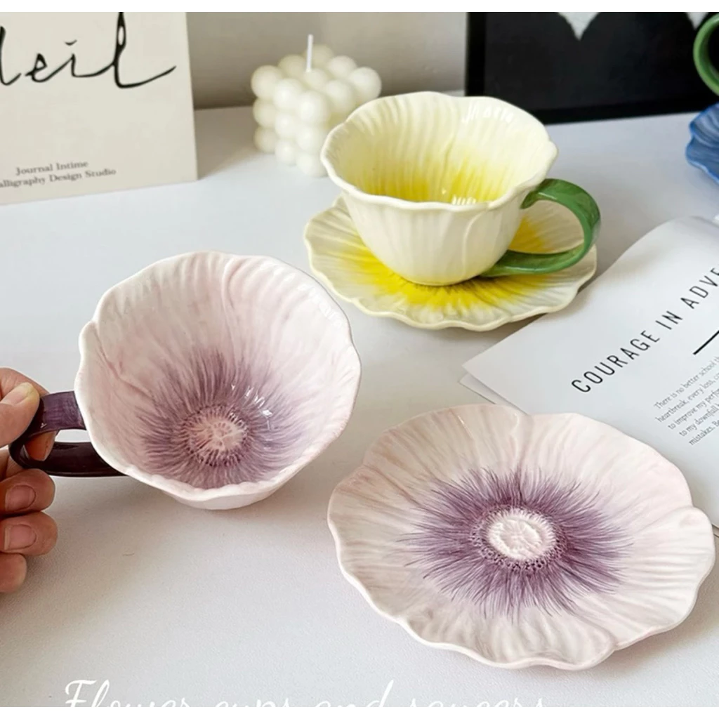 高級蘭の花柄ピンク陶磁器カップ＆ソーサーセット - クラシックキッチン装飾