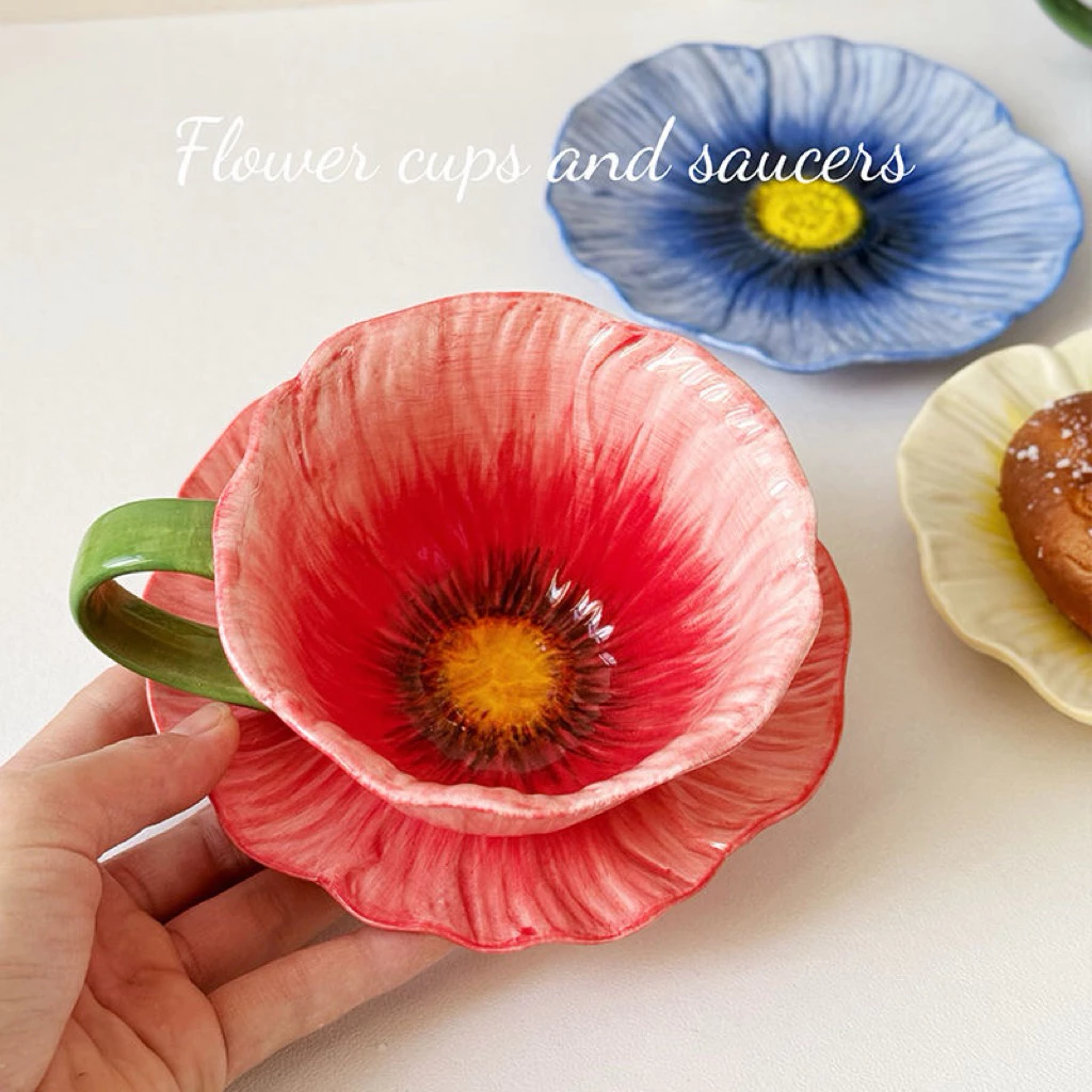 高級レッド蘭柄陶磁器カップ＆ソーサーセット - クラシックキッチンデコレーション