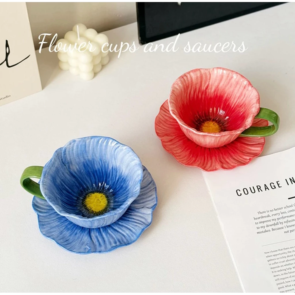 高級レッド蘭柄陶磁器カップ＆ソーサーセット - クラシックキッチンデコレーション