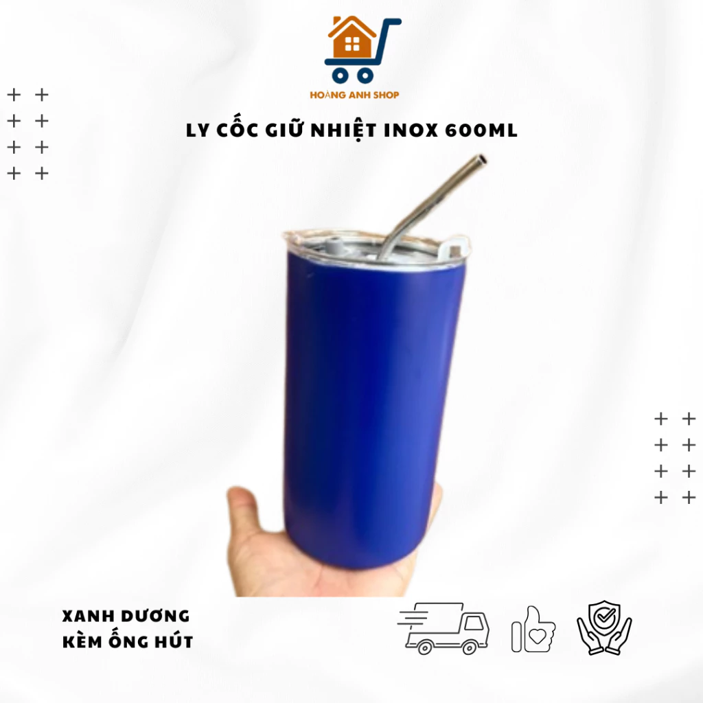 高級ステンレス製保温タンブラー 600ML ブルー ストロー付き - ドリンク・コーヒー用魔法瓶カップ