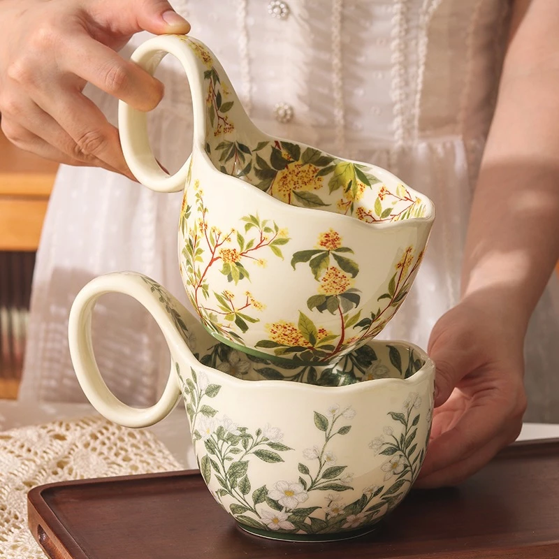 高級ジャスミン柄セラミックマグカップ 400ml 大容量 オフィス/家庭用 ギフト