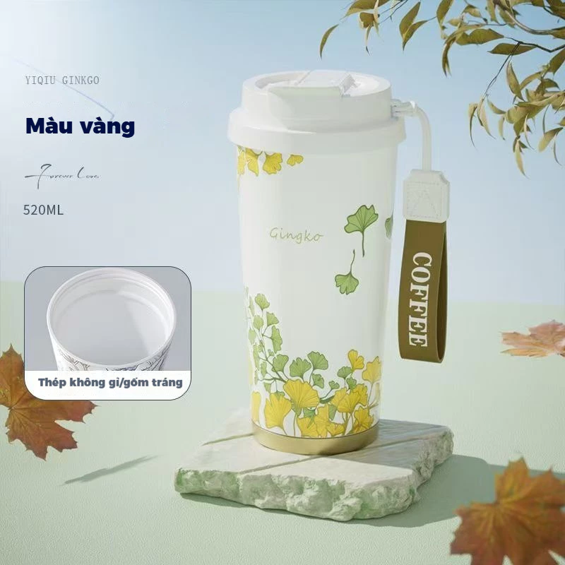 304ステンレス製セラミックコーティング保温マグ（黄、高級ストロー付き）