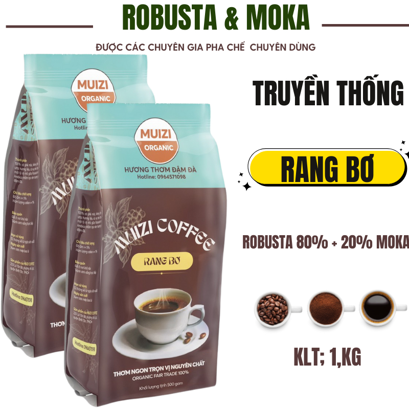 純粋なコーヒー豆、バターロースト、ロブスタ 80% + 20% MOKA トラディショナルタイプ - 500g - 加工済みの丸豆