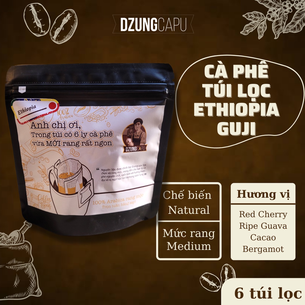 純粋な焙煎グジ シャキソ エチオピア コーヒー フィルター バッグ - フィルター バッグ 6 個パック - DzungCapu Coffee