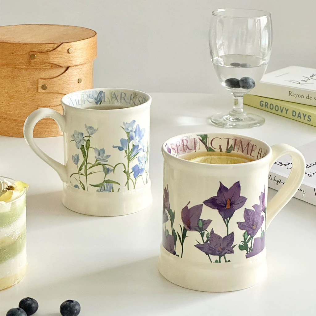 パープルカンパニュラ花柄セラミックマグカップ 350ml 大容量 オフィス・家庭用