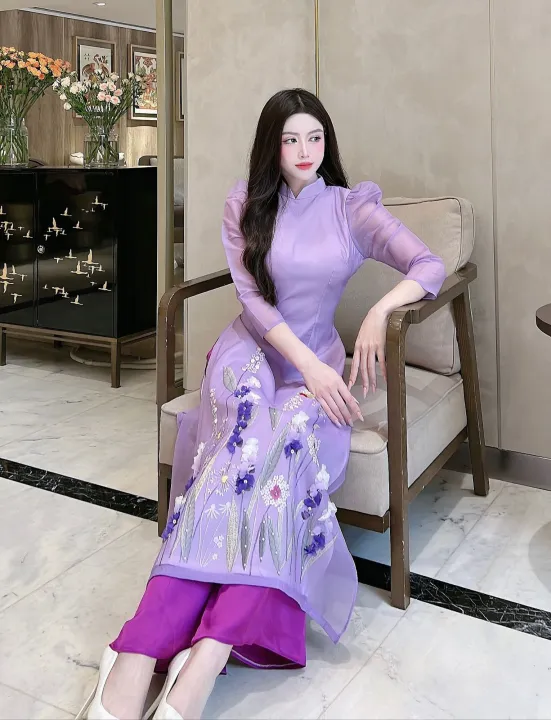 ベトナム衣装 アオザイ 紫色のドレス 花柄の通販・個人輸入代行販売