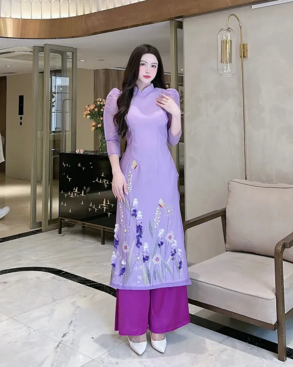 ベトナム衣装 アオザイ 紫色のドレス 花柄の通販・個人輸入代行販売