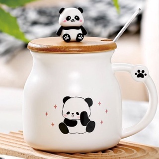 QDECOR QDECOR Cốc Ly Sứ Gấu Trúc Panda Trắng Đen Biểu Cảm Dễ Thương Kèm Nắp Thìa 300ml QDECOR