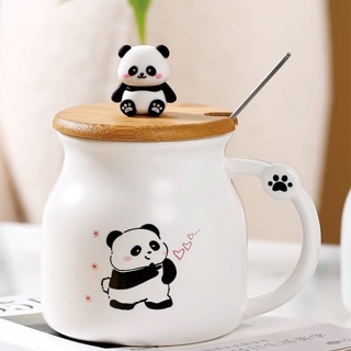 QDECOR QDECOR Cốc Ly Sứ Gấu Trúc Panda Trắng Đen Biểu Cảm Dễ Thương Kèm Nắp Thìa 300ml QDECOR