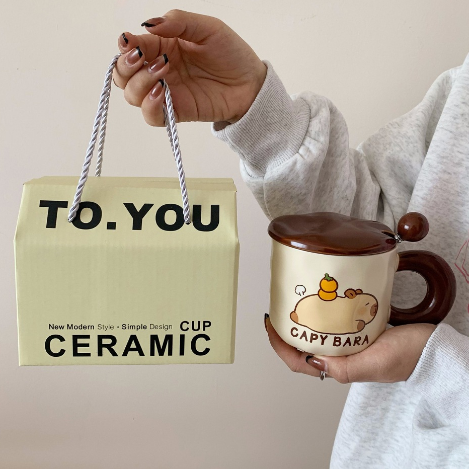 QDECOR Capybaraシリーズ スリープカピバラマグ 蓋付きスプーン付 450ml QDECOR