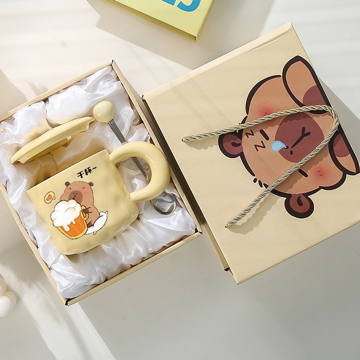 QDECOR capybara cheer マグカップ 蓋付きスプーン付 450ml QDECOR