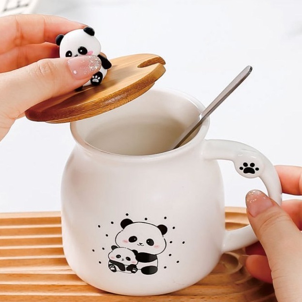QDECOR QDECOR Cốc Ly Sứ Gấu Trúc Panda Trắng Đen Biểu Cảm Dễ Thương Kèm Nắp Thìa 300ml QDECOR