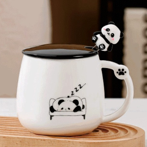 QDECOR パンダシリーズ パンダマグ 寝姿デザイン 黒蓋スプーン付 300ml QDECOR