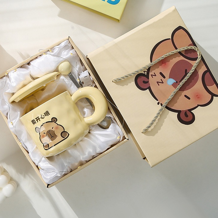 QDECOR Set capybara happy セラミックカップ 蓋付きスプーン付き 450ml QDECOR
