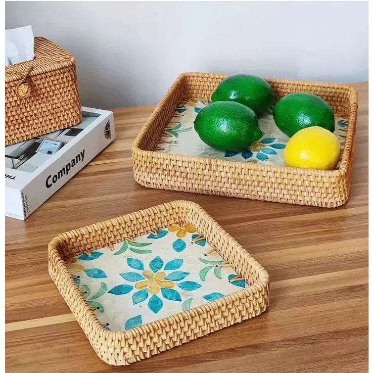 ラタン螺鈿細工トレイ【柄おまかせ】正方形23cm - 食卓・キッチンを彩るベトナム雑貨