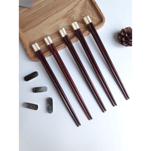 紫檀箸 白パール付 5膳セット 長さ25cm