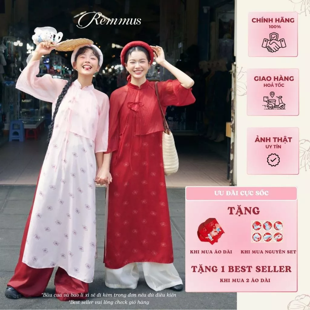 Remmusデザイン 夏の涼やか花柄アオザイ（スカーフ・お年玉袋・ステッカー特典付き、パンツなし）