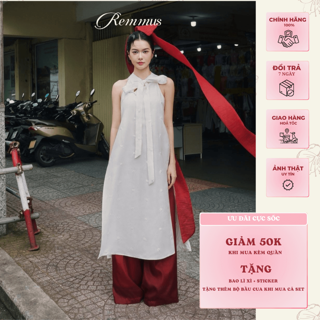 REMMUS 伝統的 ベトナムアオザイ 花柄リボン M-XL REMMUS